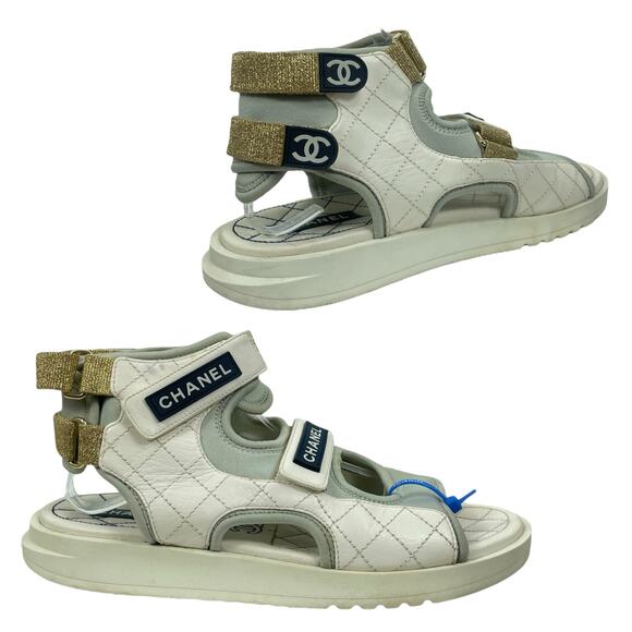 Chanel Goatskin Fabric Quilted Gladiator Dad Sandals White Gray Size 41C - Picture 2 of 13